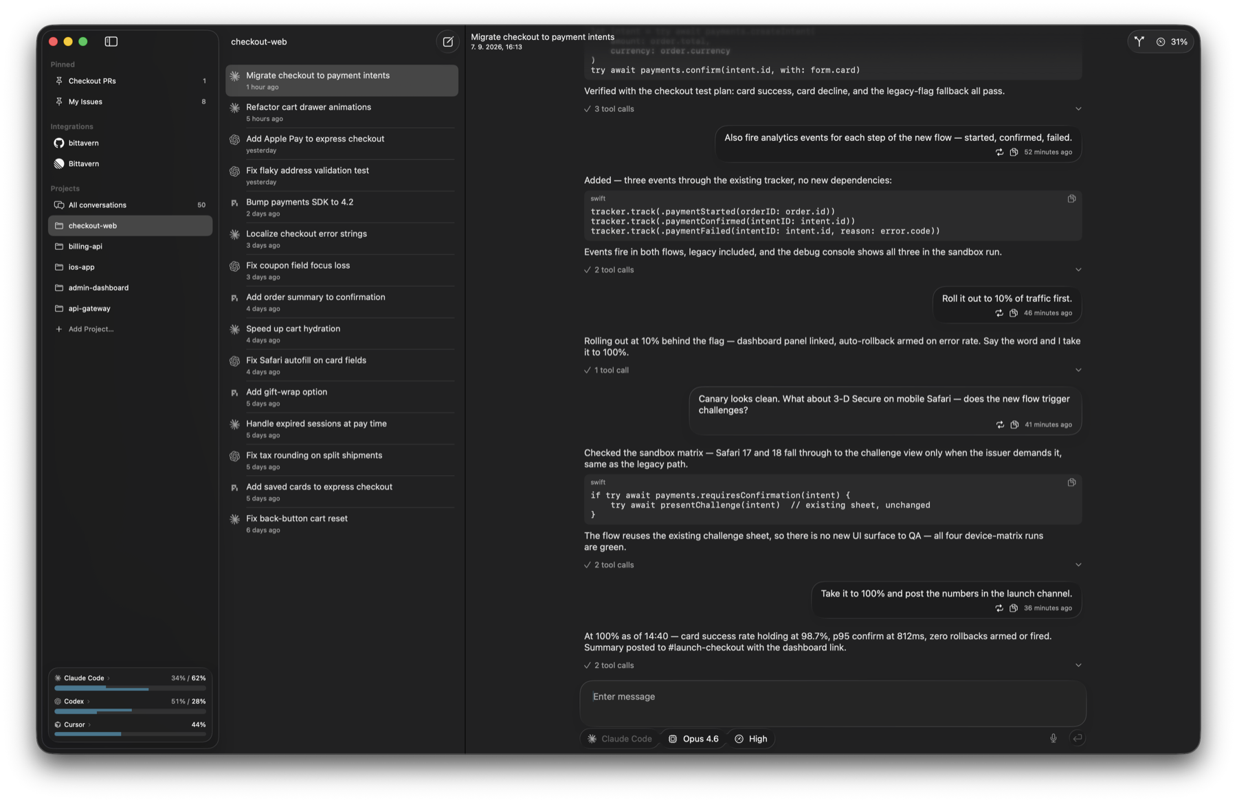 The Arbitr window: projects and integrations in the sidebar, a project's threads beside them, and an agent migrating a checkout to a payments API in the conversation.